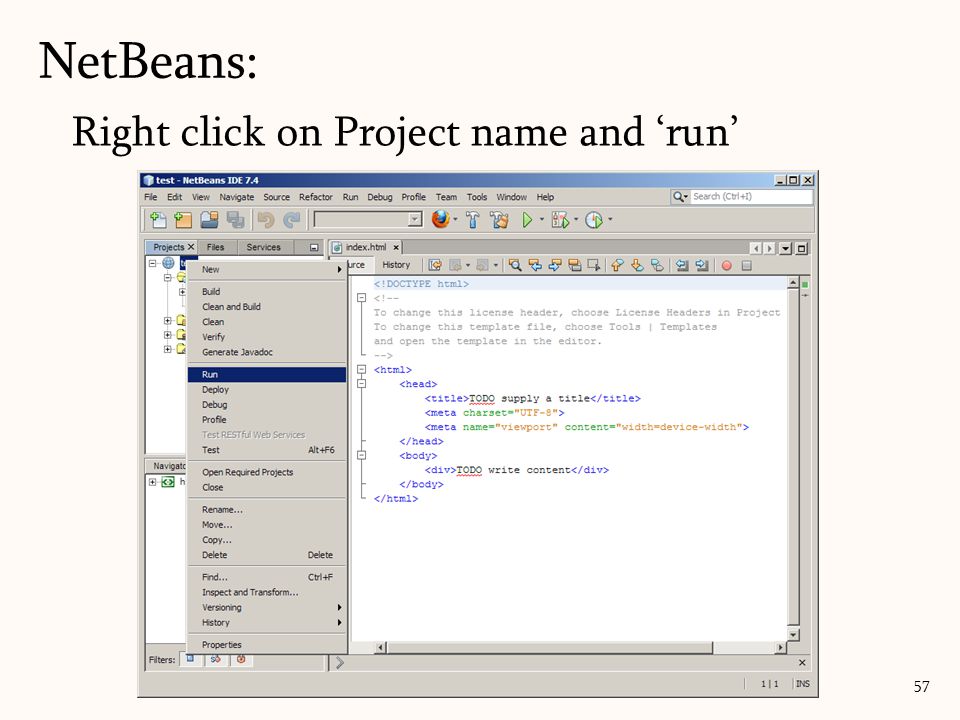 Right click on Project name and ‘run’ NetBeans: 57