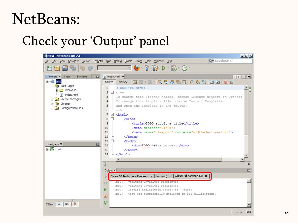 Check your ‘Output’ panel NetBeans: 58