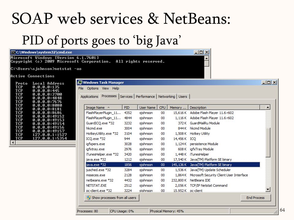 PID of ports goes to ‘big Java’ SOAP web services & NetBeans: 64