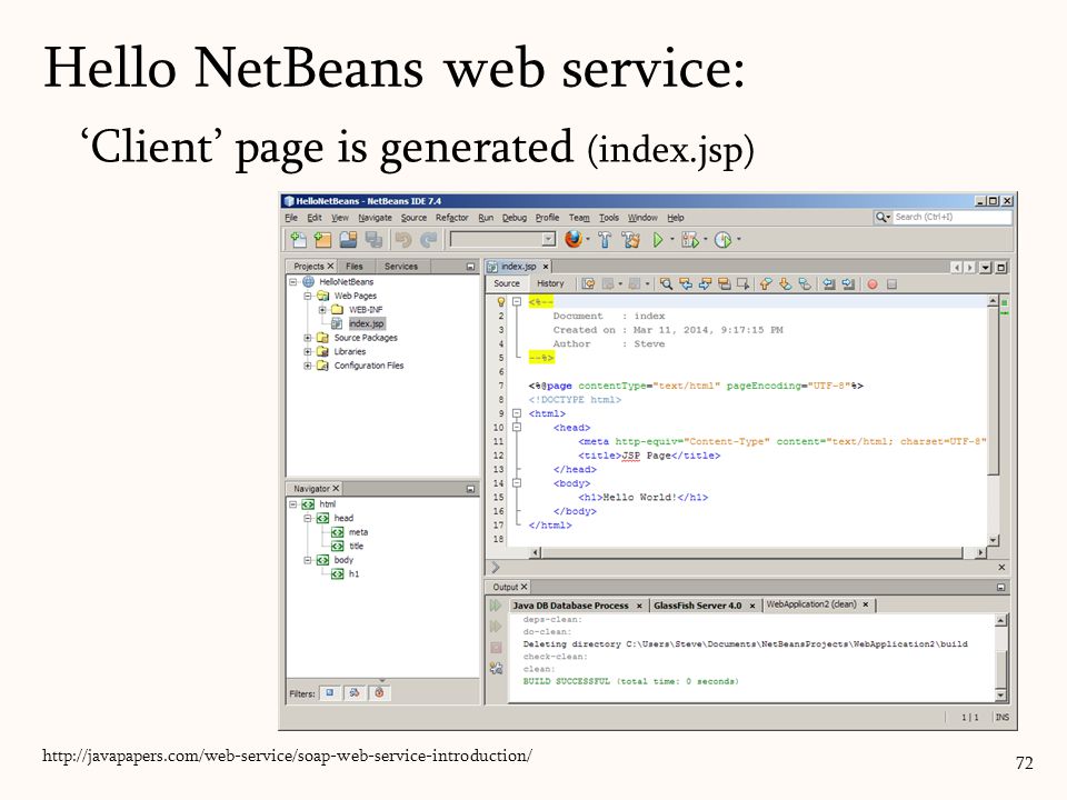 ‘Client’ page is generated (index.jsp) 72   Hello NetBeans web service: