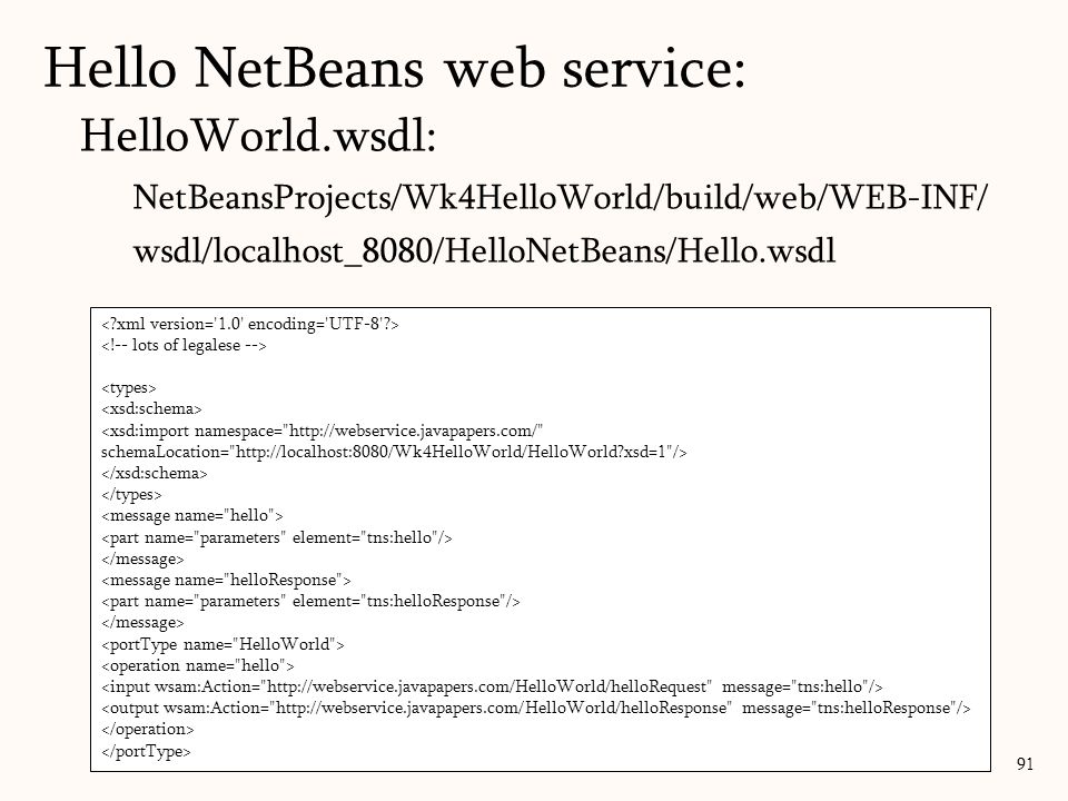 HelloWorld.wsdl: NetBeansProjects/Wk4HelloWorld/build/web/WEB-INF/ wsdl/localhost_8080/HelloNetBeans/Hello.wsdl 91 <xsd:import namespace=   schemaLocation=   xsd=1 /> Hello NetBeans web service:
