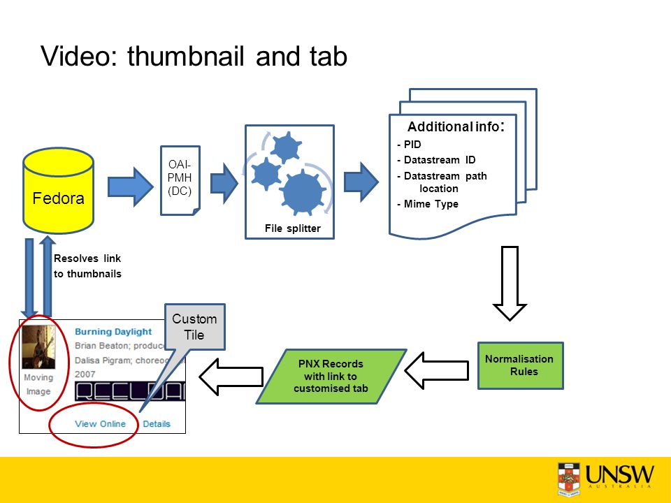 Video: thumbnail and tab Additional info : - PID - Datastream ID - Datastream path location - Mime Type Fedora Normalisation Rules PNX Records with link to customised tab File splitter OAI- PMH (DC) Custom Tile Resolves link to thumbnails