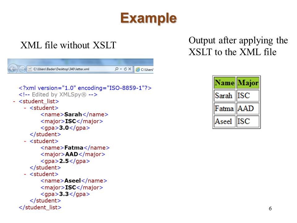 Example 6 XML file without XSLT Output after applying the XSLT to the XML file