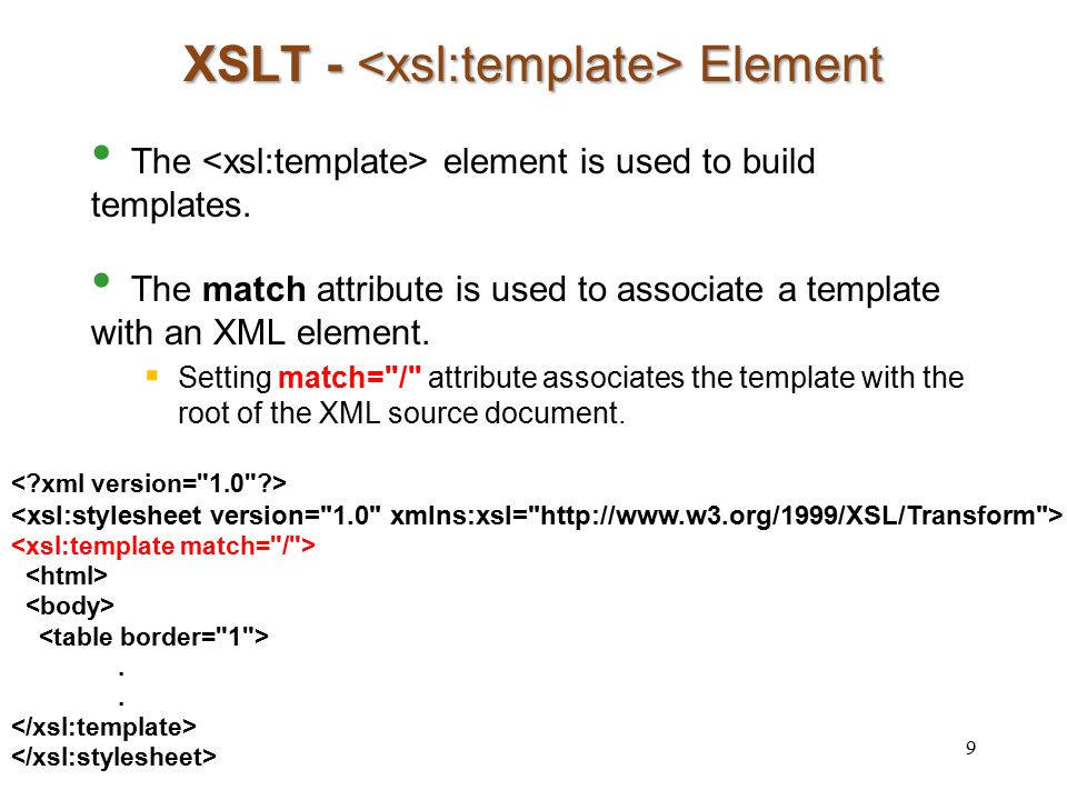 XSLT - Element The element is used to build templates.