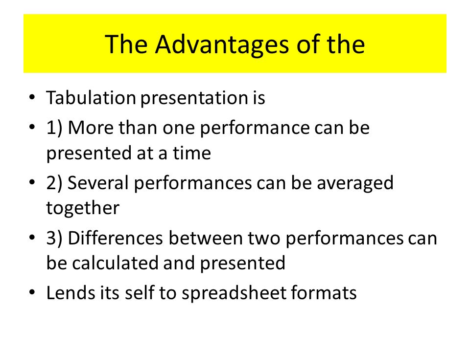 The Advantages of the Tabulation presentation is 1) More than one performance can be presented at a time 2) Several performances can be averaged together 3) Differences between two performances can be calculated and presented Lends its self to spreadsheet formats