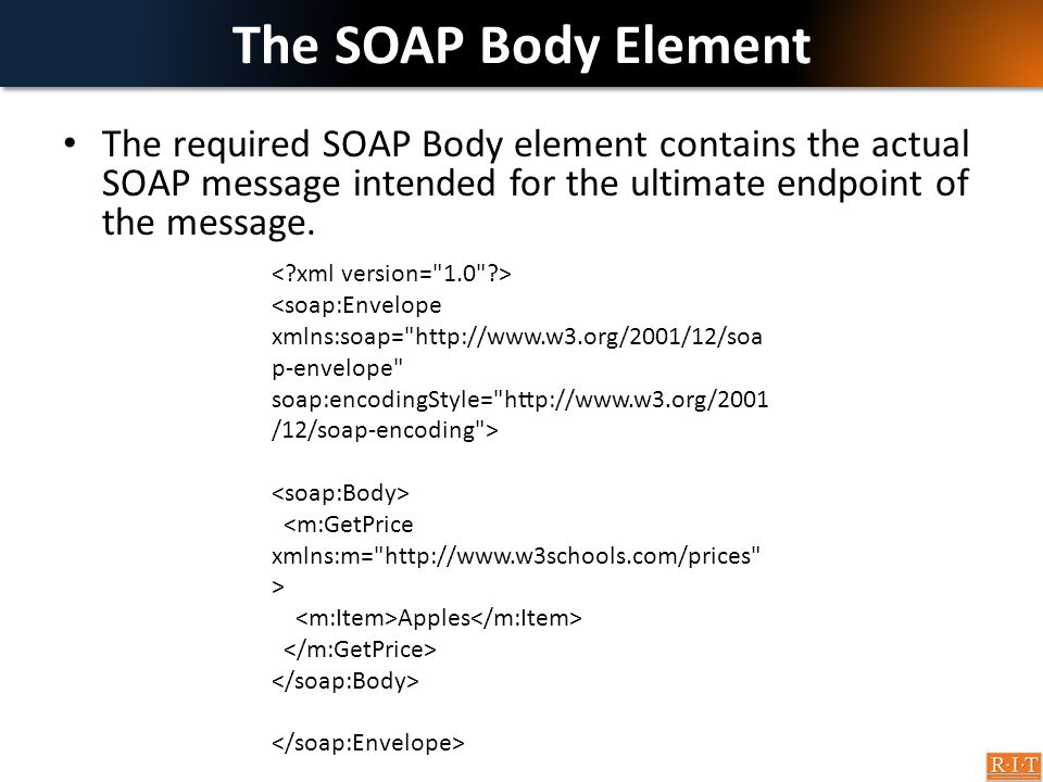 The SOAP Body Element The required SOAP Body element contains the actual SOAP message intended for the ultimate endpoint of the message.