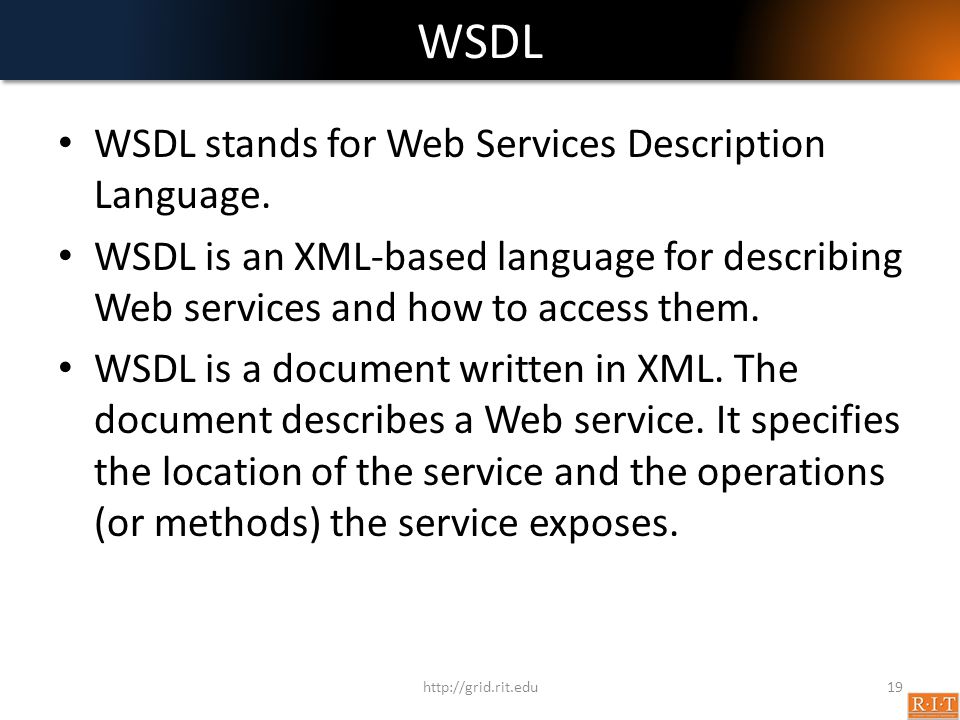 WSDL WSDL stands for Web Services Description Language.