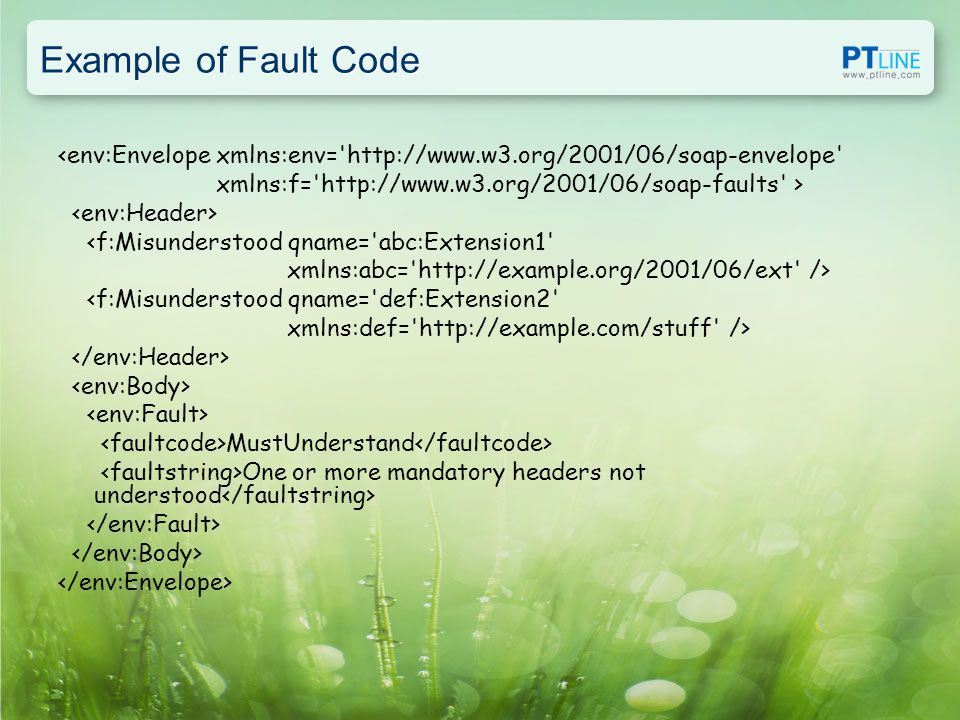 Example of Fault Code <env:Envelope xmlns:env=   xmlns:f=   > <f:Misunderstood qname= abc:Extension1 xmlns:abc=   /> <f:Misunderstood qname= def:Extension2 xmlns:def=   /> MustUnderstand One or more mandatory headers not understood