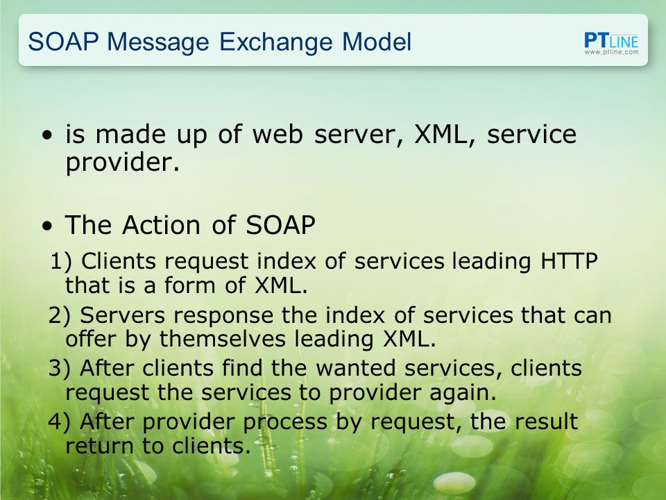 SOAP Message Exchange Model is made up of web server, XML, service provider.