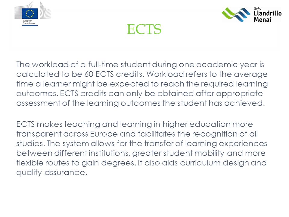 The workload of a full-time student during one academic year is calculated to be 60 ECTS credits.