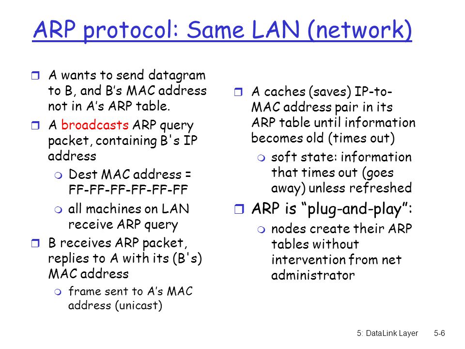 5: DataLink Layer5-6 ARP protocol: Same LAN (network) r A wants to send datagram to B, and B’s MAC address not in A’s ARP table.