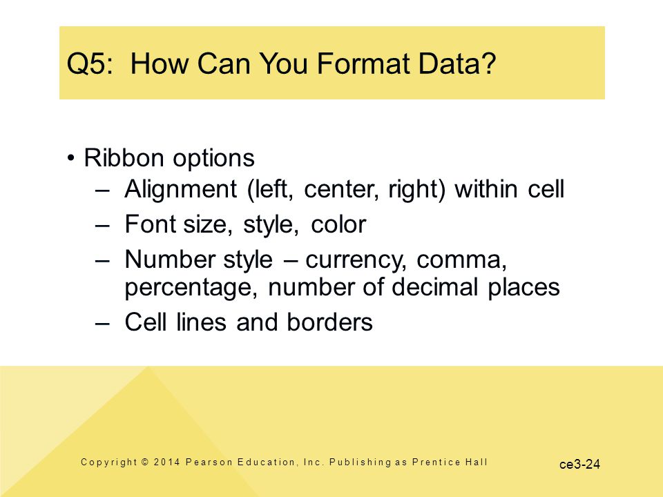 ce3-24 Q5: How Can You Format Data. Copyright © 2014 Pearson Education, Inc.