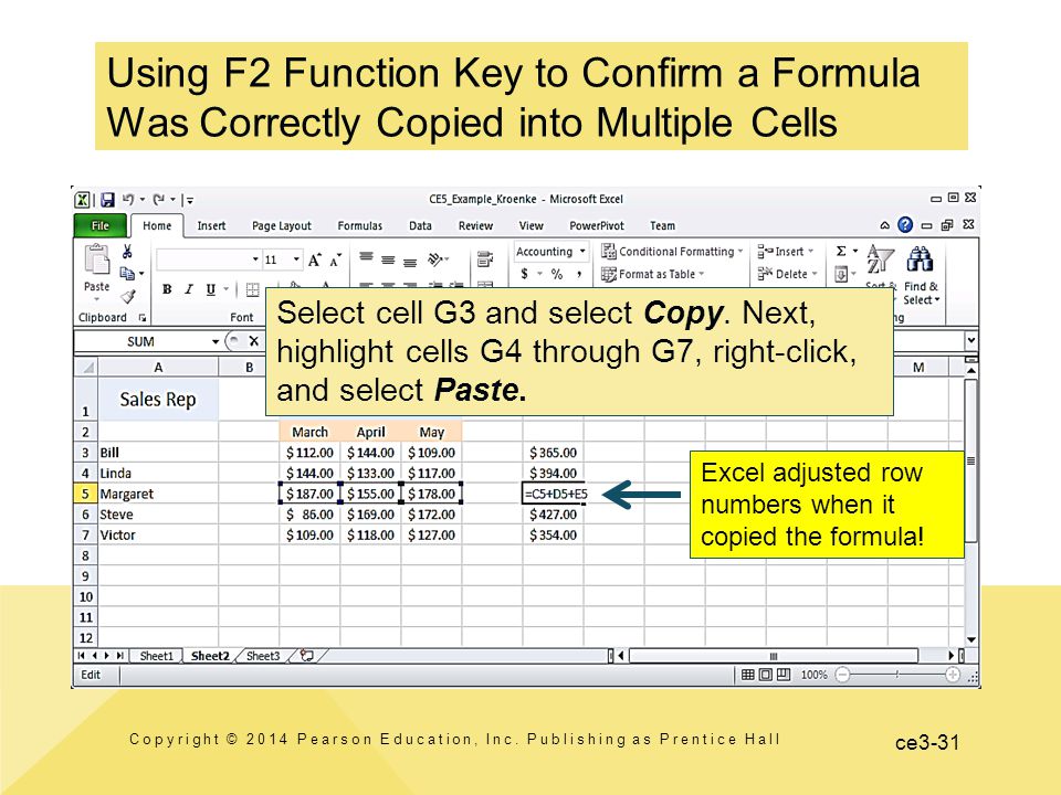 ce3-31 Using F2 Function Key to Confirm a Formula Was Correctly Copied into Multiple Cells Copyright © 2014 Pearson Education, Inc.