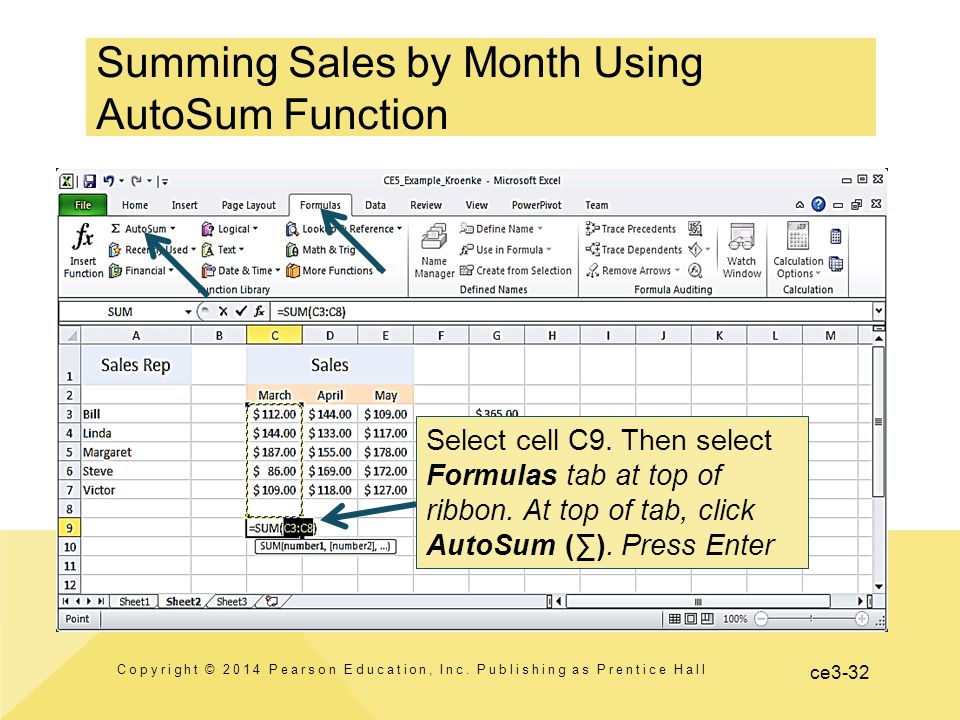 ce3-32 Summing Sales by Month Using AutoSum Function Copyright © 2014 Pearson Education, Inc.