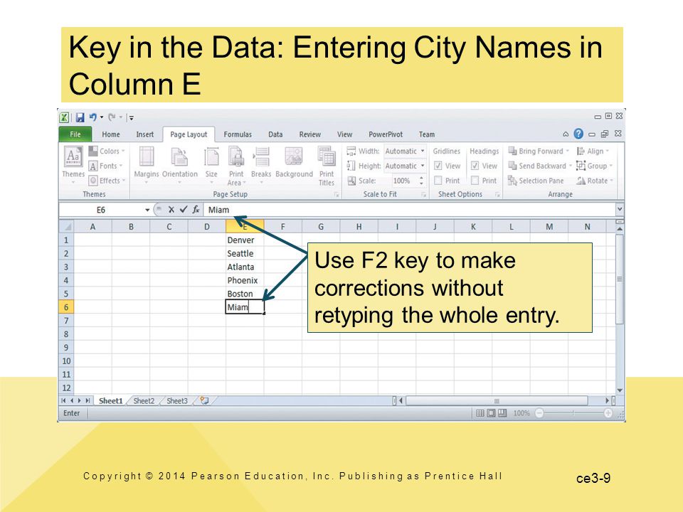 ce3-9 Key in the Data: Entering City Names in Column E Copyright © 2014 Pearson Education, Inc.