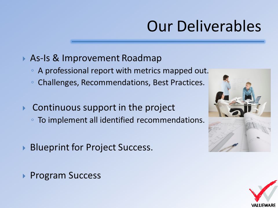 Our Deliverables  As-Is & Improvement Roadmap ◦ A professional report with metrics mapped out.