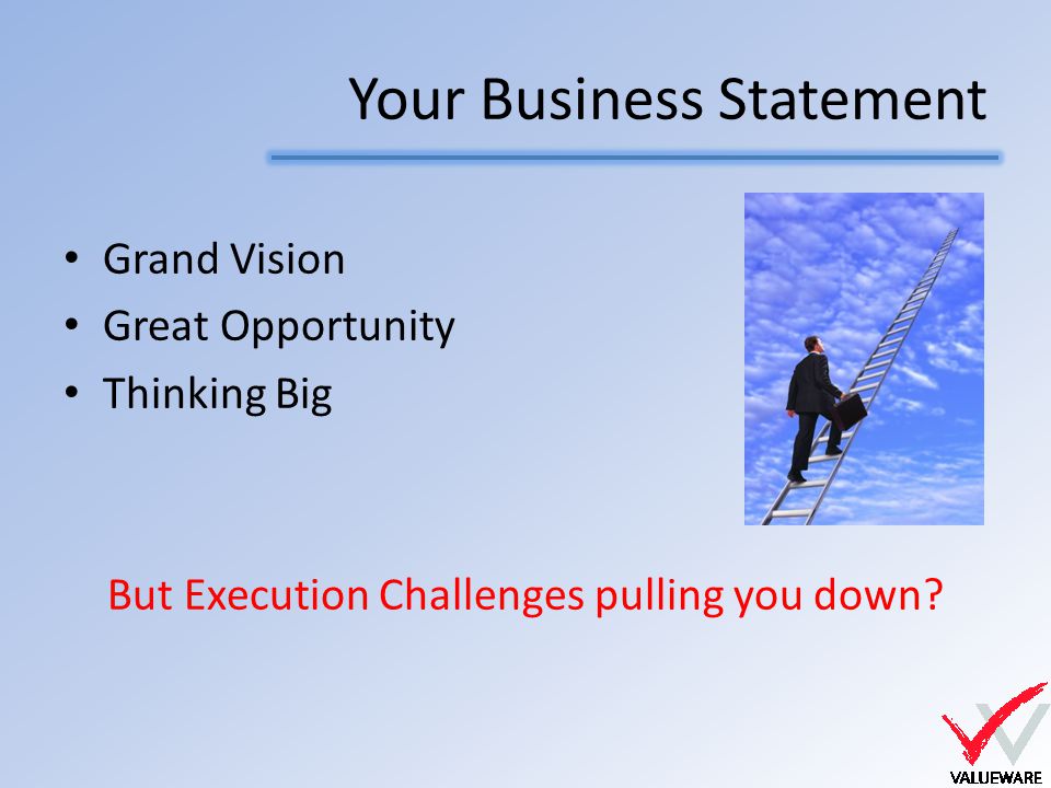 Your Business Statement Grand Vision Great Opportunity Thinking Big But Execution Challenges pulling you down