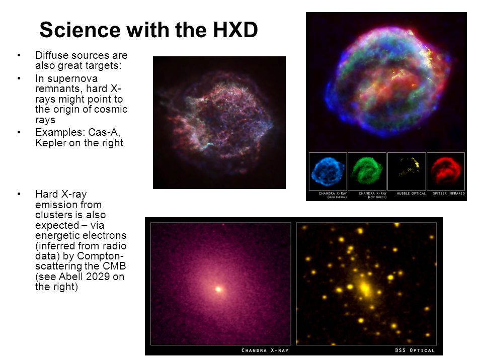 Science with the HXD Diffuse sources are also great targets: In supernova remnants, hard X- rays might point to the origin of cosmic rays Examples: Cas-A, Kepler on the right Hard X-ray emission from clusters is also expected – via energetic electrons (inferred from radio data) by Compton- scattering the CMB (see Abell 2029 on the right)