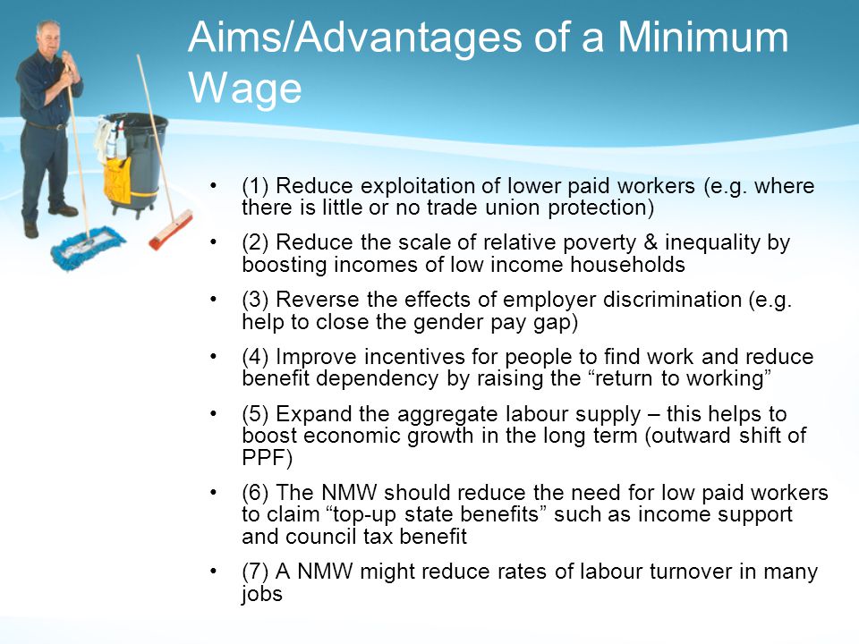 Aims/Advantages of a Minimum Wage (1) Reduce exploitation of lower paid workers (e.g.