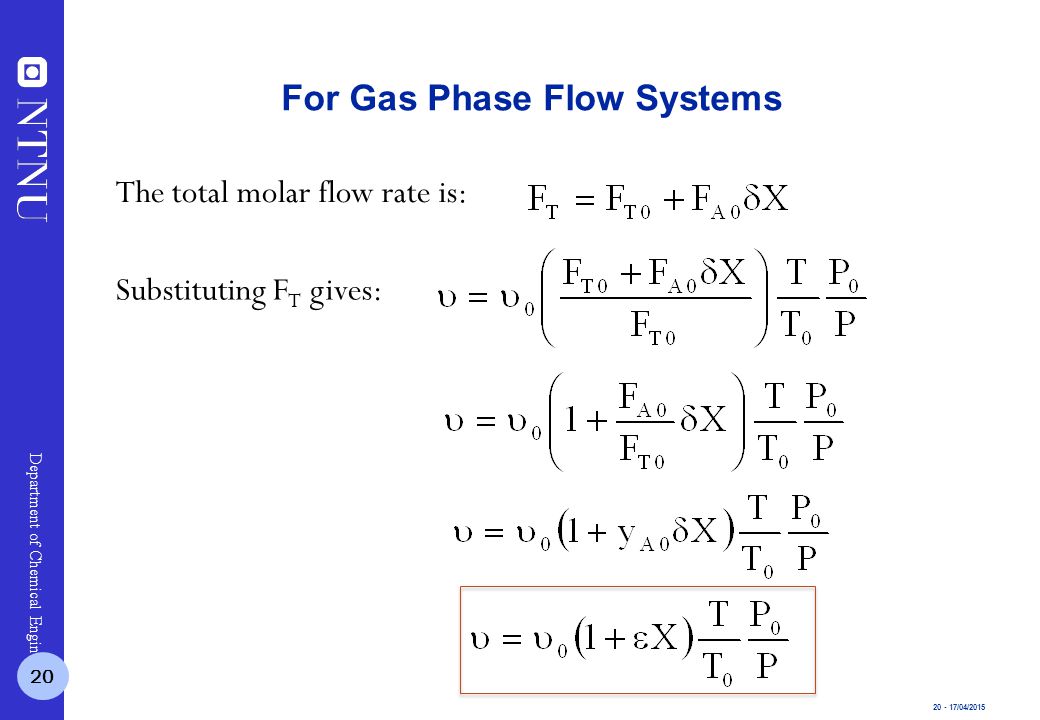 /04/2015 Department of Chemical Engineering The total molar flow rate is: For Gas Phase Flow Systems Substituting F T gives: 20