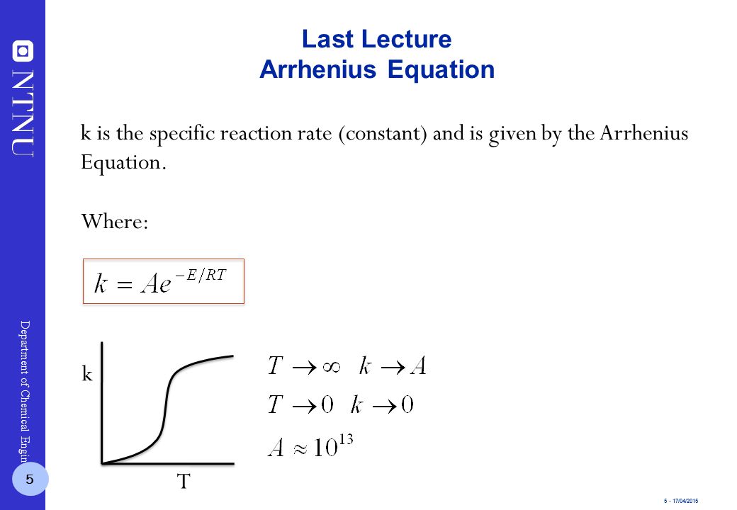 5 - 17/04/2015 Department of Chemical Engineering Last Lecture Arrhenius Equation k is the specific reaction rate (constant) and is given by the Arrhenius Equation.