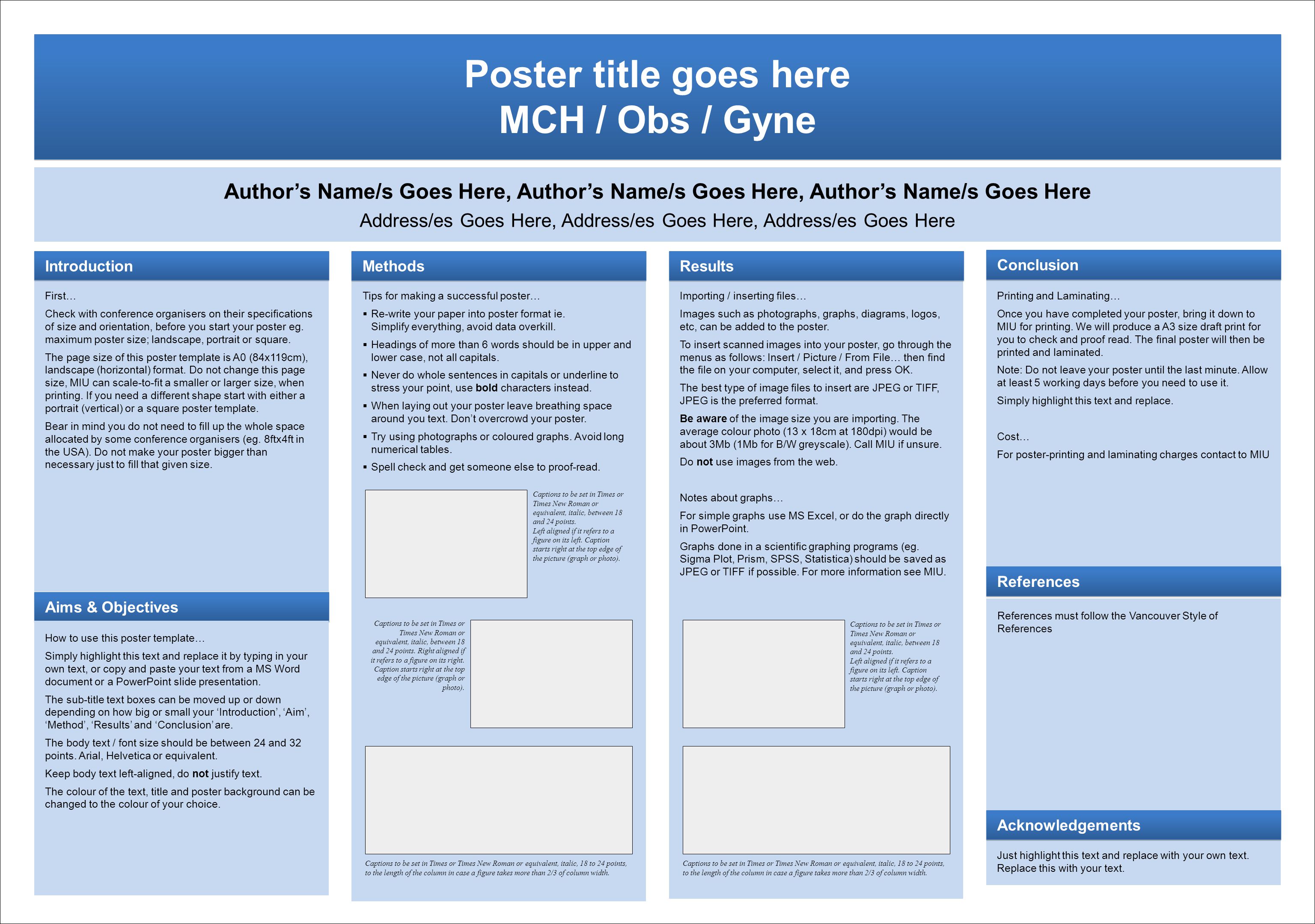 Poster title goes here MCH / Obs / Gyne Poster title goes here MCH / Obs / Gyne Author’s Name/s Goes Here, Author’s Name/s Goes Here, Author’s Name/s Goes Here Address/es Goes Here, Address/es Goes Here, Address/es Goes Here First… Check with conference organisers on their specifications of size and orientation, before you start your poster eg.