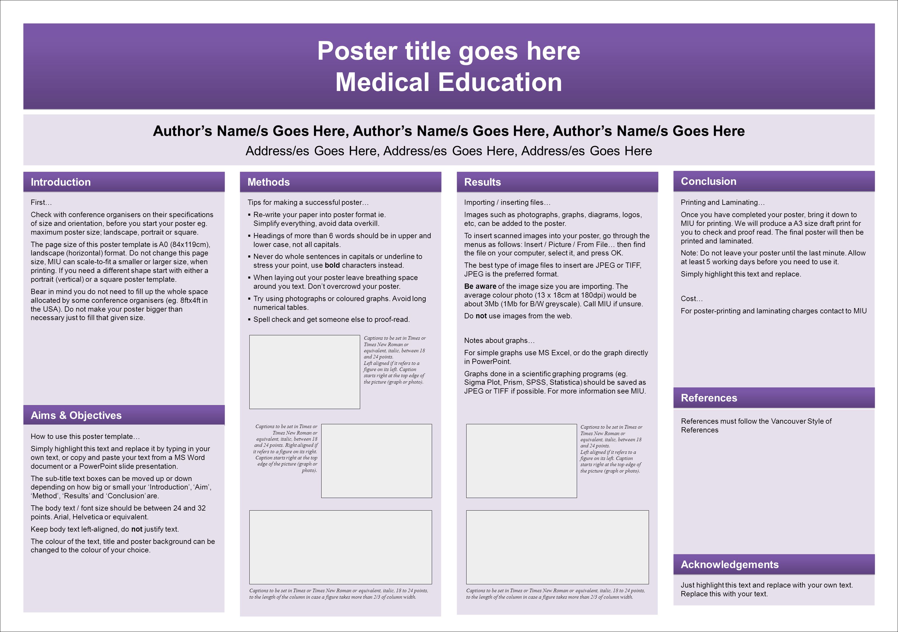 Poster title goes here Medical Education Poster title goes here Medical Education Author’s Name/s Goes Here, Author’s Name/s Goes Here, Author’s Name/s Goes Here Address/es Goes Here, Address/es Goes Here, Address/es Goes Here First… Check with conference organisers on their specifications of size and orientation, before you start your poster eg.