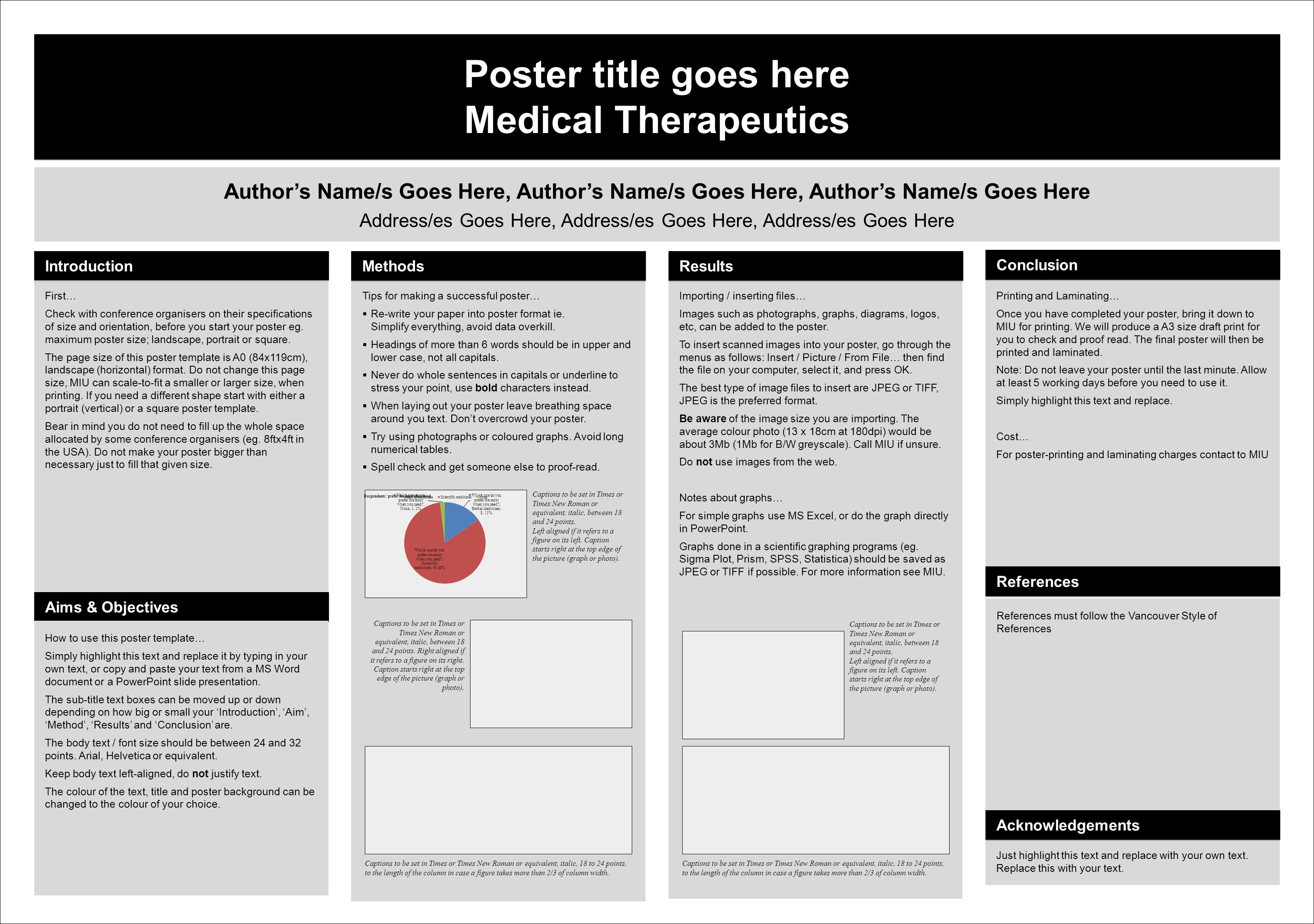 Poster title goes here Medical Therapeutics Poster title goes here Medical Therapeutics Author’s Name/s Goes Here, Author’s Name/s Goes Here, Author’s Name/s Goes Here Address/es Goes Here, Address/es Goes Here, Address/es Goes Here First… Check with conference organisers on their specifications of size and orientation, before you start your poster eg.