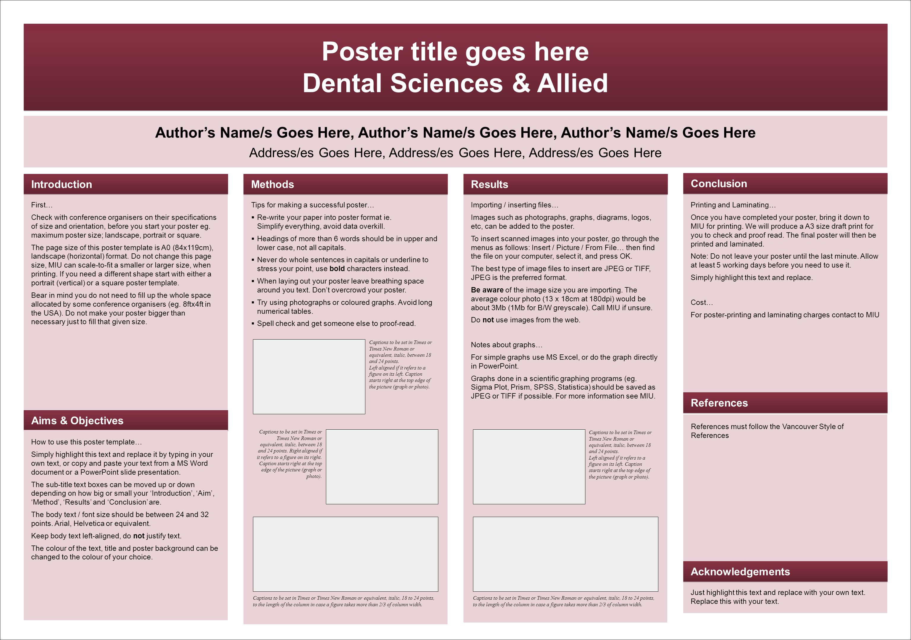 Poster title goes here Dental Sciences & Allied Poster title goes here Dental Sciences & Allied Author’s Name/s Goes Here, Author’s Name/s Goes Here, Author’s Name/s Goes Here Address/es Goes Here, Address/es Goes Here, Address/es Goes Here First… Check with conference organisers on their specifications of size and orientation, before you start your poster eg.
