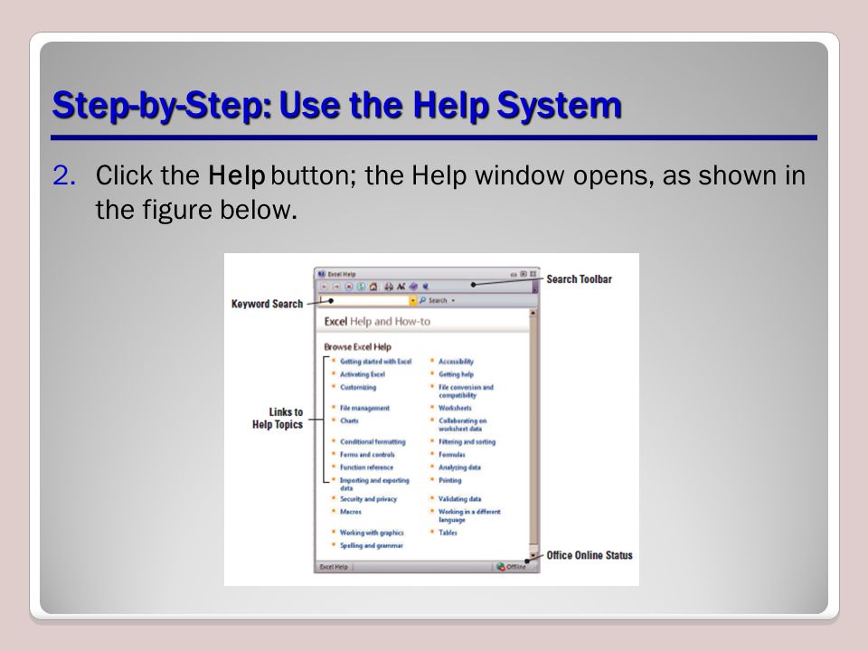 Step-by-Step: Use the Help System 2.Click the Help button; the Help window opens, as shown in the figure below.