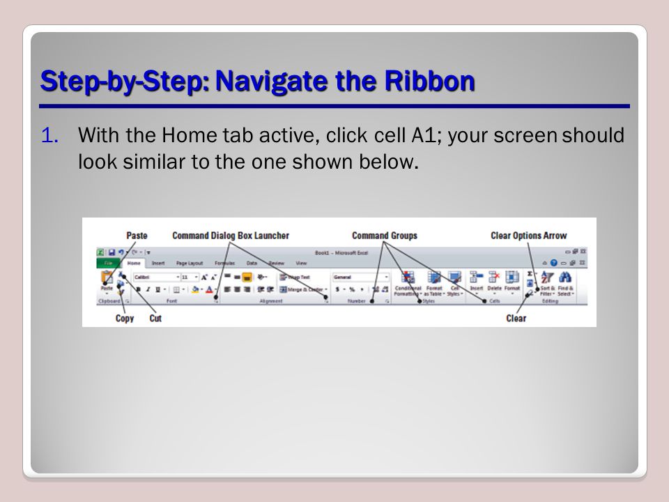 Step-by-Step: Navigate the Ribbon 1.With the Home tab active, click cell A1; your screen should look similar to the one shown below.