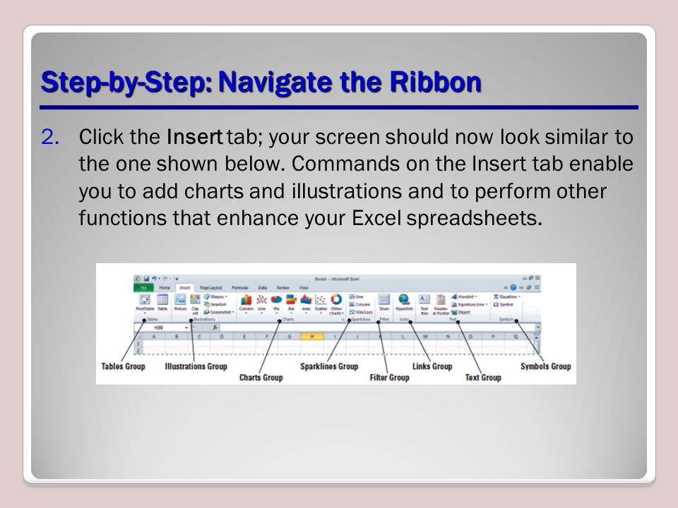 Step-by-Step: Navigate the Ribbon 2.Click the Insert tab; your screen should now look similar to the one shown below.