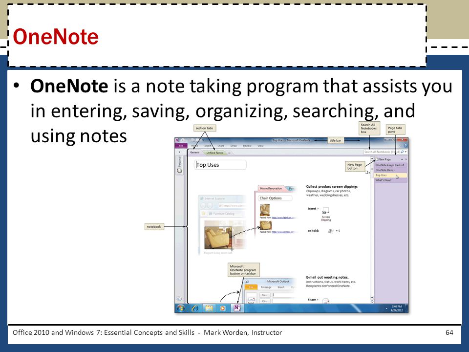 OneNote is a note taking program that assists you in entering, saving, organizing, searching, and using notes Office 2010 and Windows 7: Essential Concepts and Skills - Mark Worden, Instructor64 OneNote