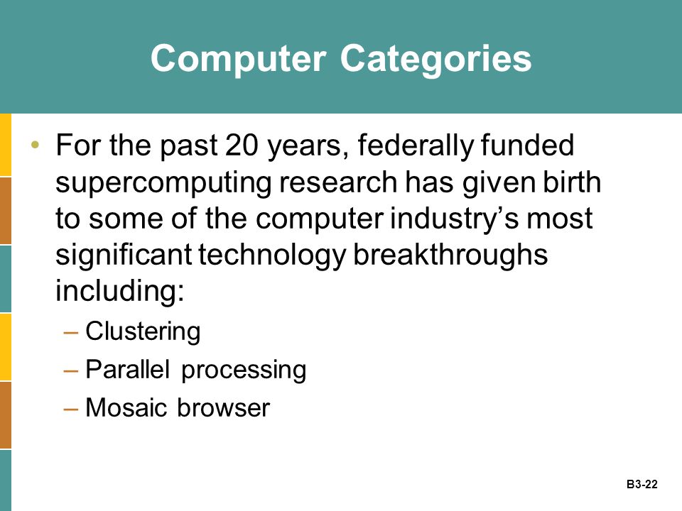 B3-22 Computer Categories For the past 20 years, federally funded supercomputing research has given birth to some of the computer industry’s most significant technology breakthroughs including: –Clustering –Parallel processing –Mosaic browser
