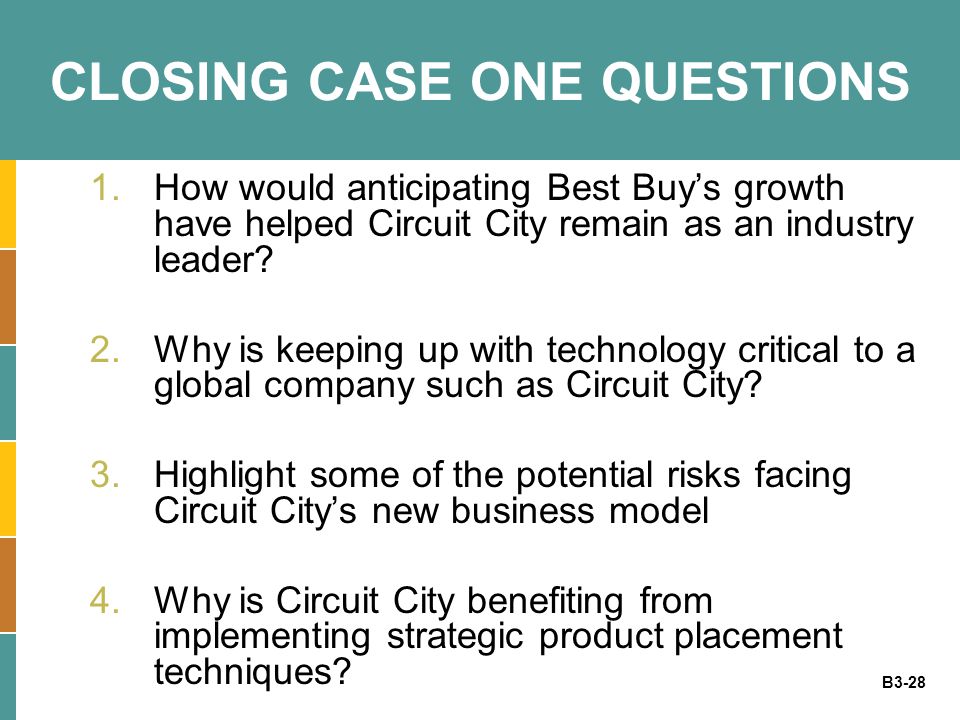 B3-28 CLOSING CASE ONE QUESTIONS 1.How would anticipating Best Buy’s growth have helped Circuit City remain as an industry leader.
