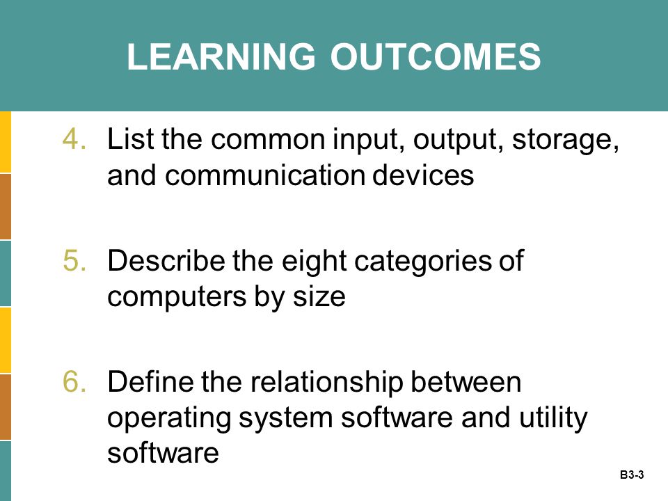 B3-3 LEARNING OUTCOMES 4.List the common input, output, storage, and communication devices 5.Describe the eight categories of computers by size 6.Define the relationship between operating system software and utility software