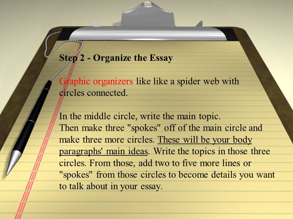 Step 2 - Organize the Essay Graphic organizers like like a spider web with circles connected.
