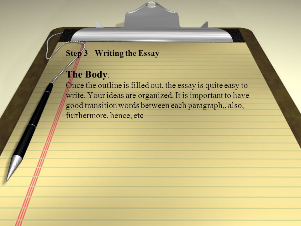 Step 3 - Writing the Essay The Body : Once the outline is filled out, the essay is quite easy to write.