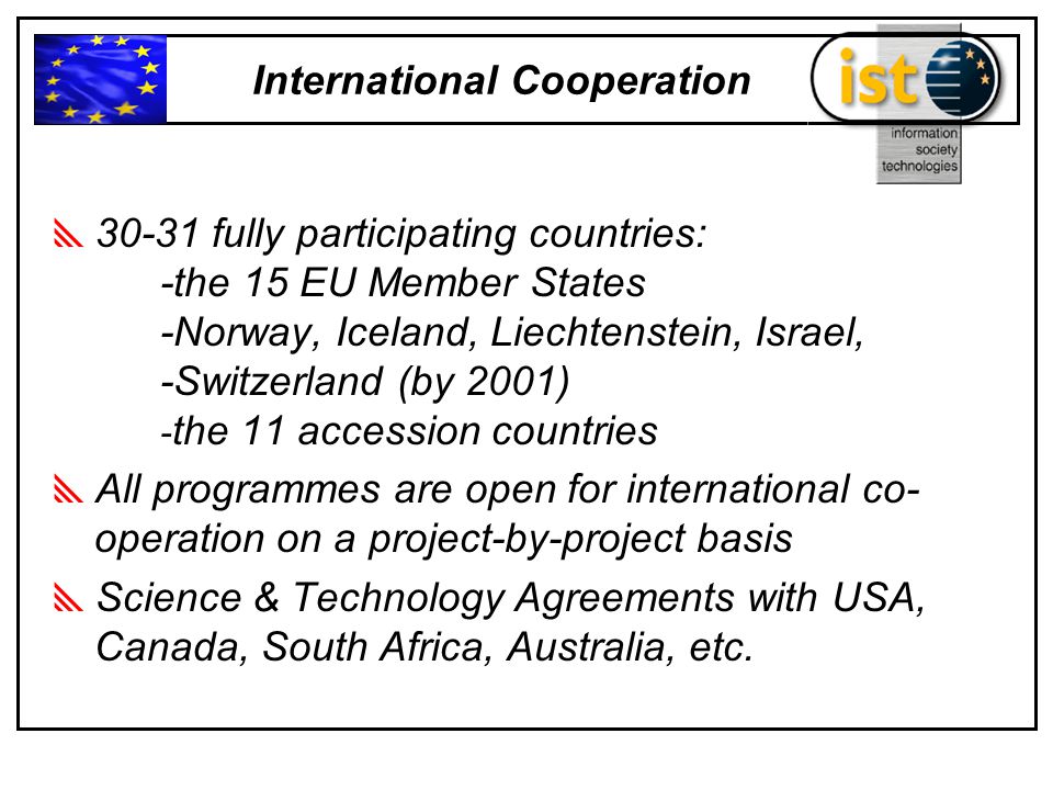  fully participating countries: -the 15 EU Member States -Norway, Iceland, Liechtenstein, Israel, -Switzerland (by 2001) - the 11 accession countries  All programmes are open for international co- operation on a project-by-project basis  Science & Technology Agreements with USA, Canada, South Africa, Australia, etc.