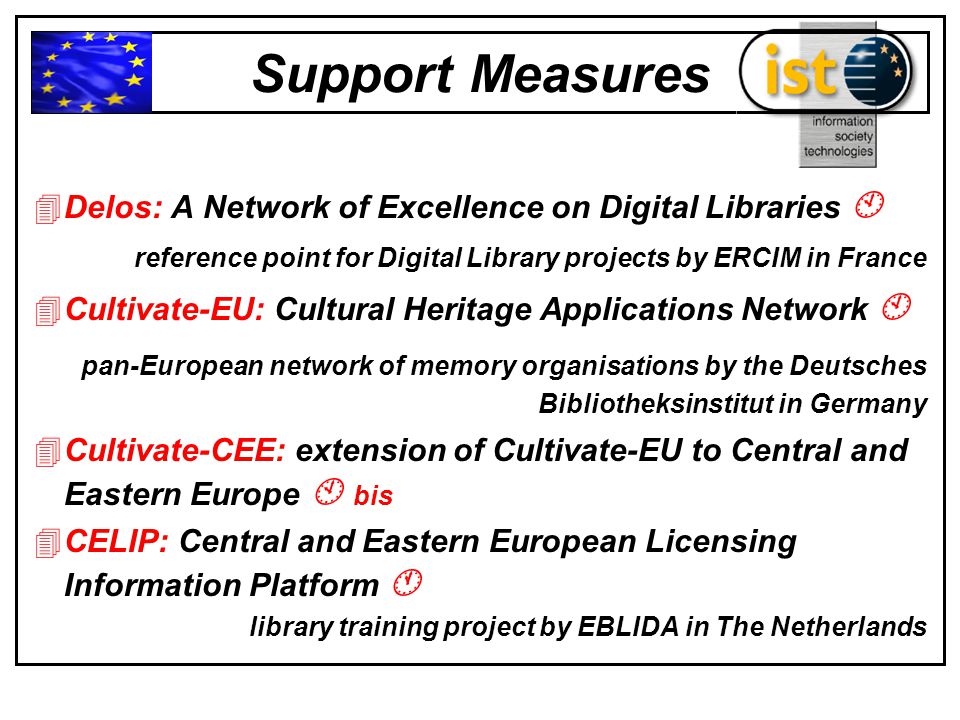 Support Measures 4Delos: A Network of Excellence on Digital Libraries  reference point for Digital Library projects by ERCIM in France 4Cultivate-EU: Cultural Heritage Applications Network  pan-European network of memory organisations by the Deutsches Bibliotheksinstitut in Germany 4Cultivate-CEE: extension of Cultivate-EU to Central and Eastern Europe  bis 4CELIP: Central and Eastern European Licensing Information Platform  library training project by EBLIDA in The Netherlands