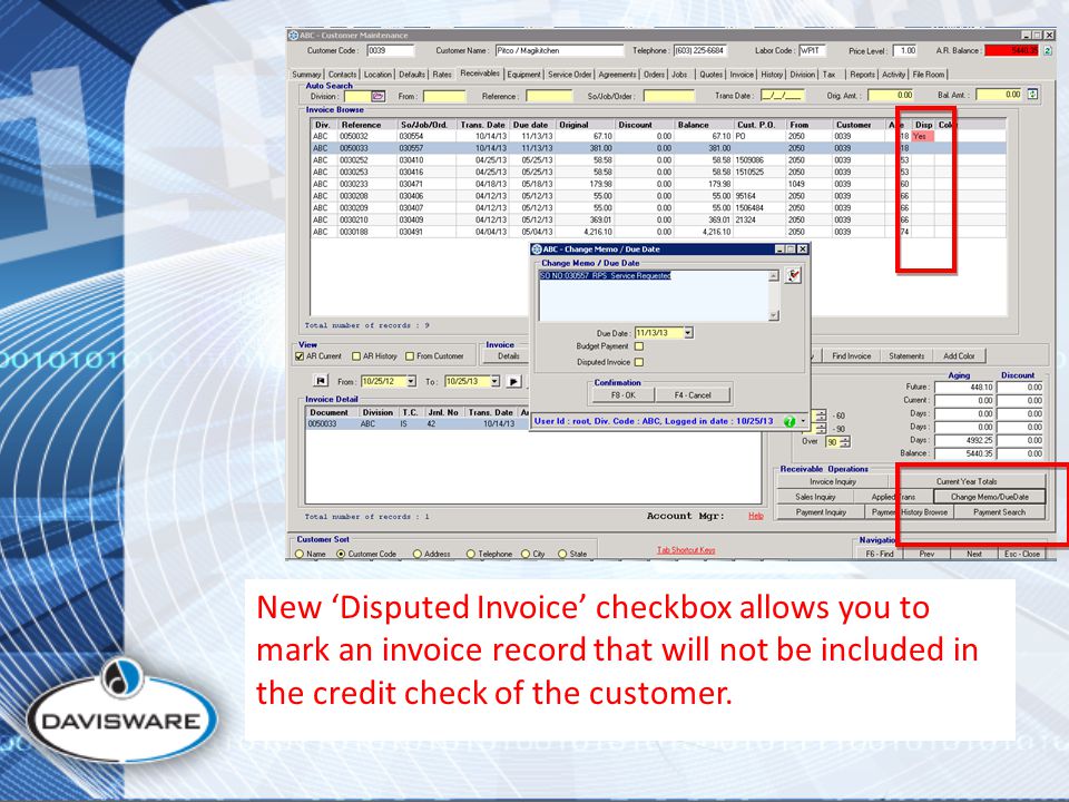 New ‘Disputed Invoice’ checkbox allows you to mark an invoice record that will not be included in the credit check of the customer.