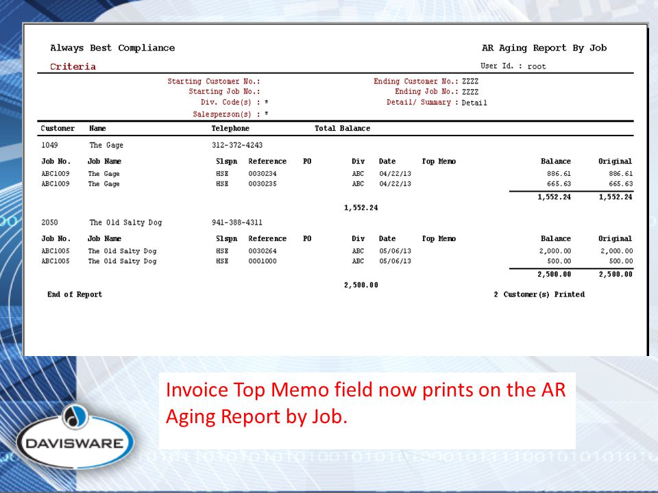 Invoice Top Memo field now prints on the AR Aging Report by Job.
