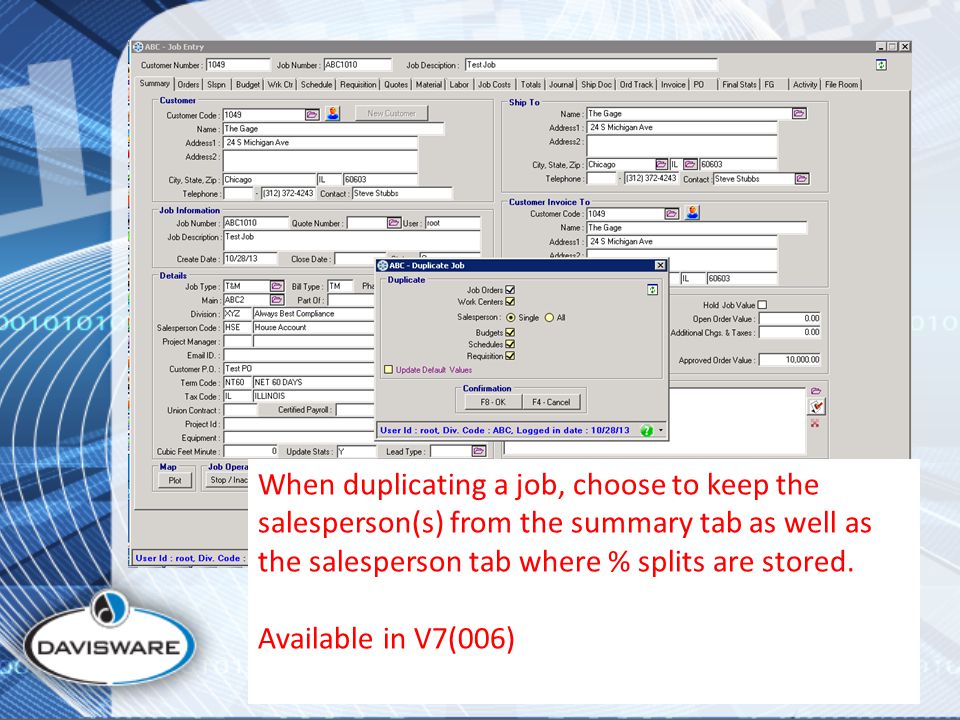 When duplicating a job, choose to keep the salesperson(s) from the summary tab as well as the salesperson tab where % splits are stored.
