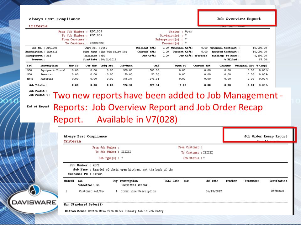 Two new reports have been added to Job Management - Reports: Job Overview Report and Job Order Recap Report.