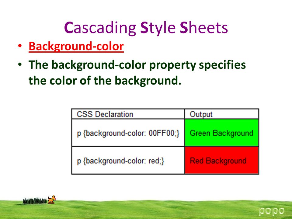 Cascading Style Sheets Background-color The background-color property specifies the color of the background.