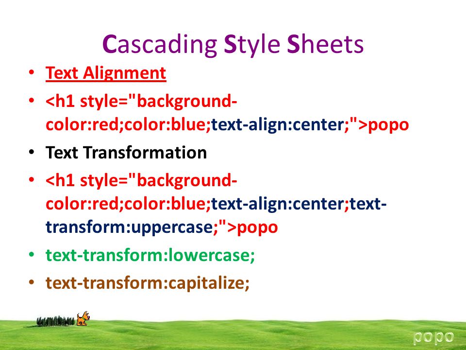 Cascading Style Sheets Text Alignment popo Text Transformation popo text-transform:lowercase; text-transform:capitalize;