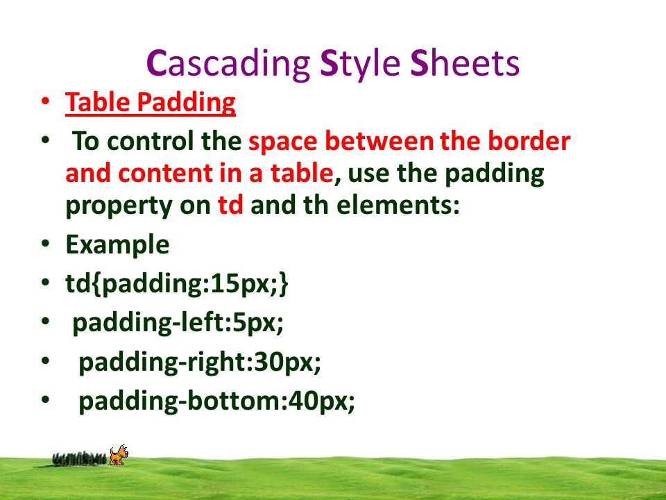 Cascading Style Sheets Table Padding To control the space between the border and content in a table, use the padding property on td and th elements: Example td{padding:15px;} padding-left:5px; padding-right:30px; padding-bottom:40px;