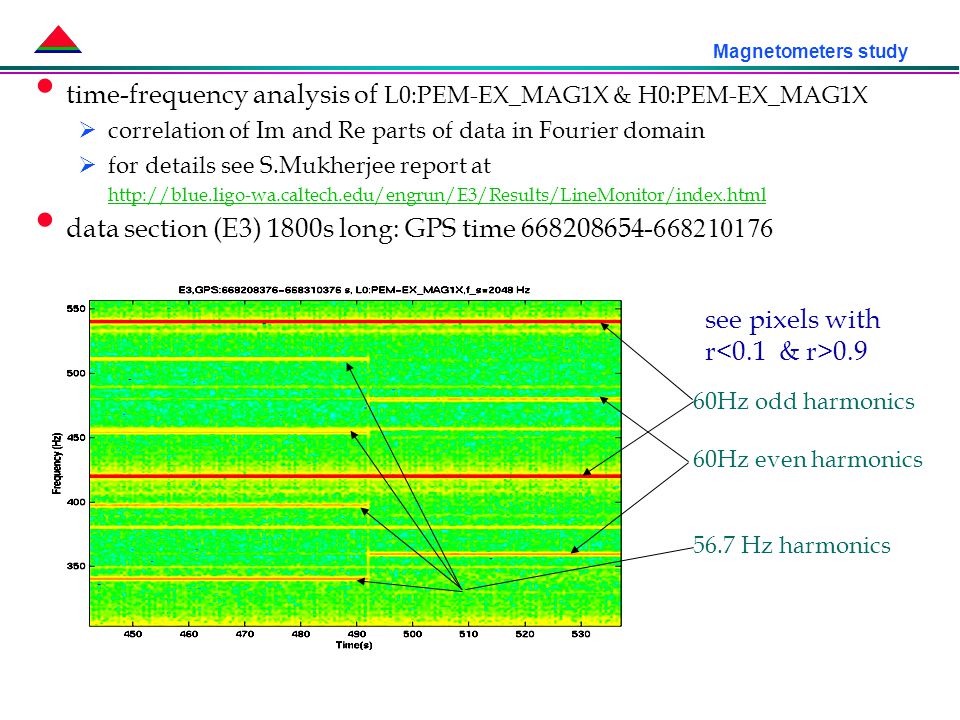 Magnetometers study time-frequency analysis of L0:PEM-EX_MAG1X & H0:PEM-EX_MAG1X  correlation of Im and Re parts of data in Fourier domain  for details see S.Mukherjee report at   data section (E3) 1800s long: GPS time see pixels with r Hz odd harmonics 60Hz even harmonics 56.7 Hz harmonics
