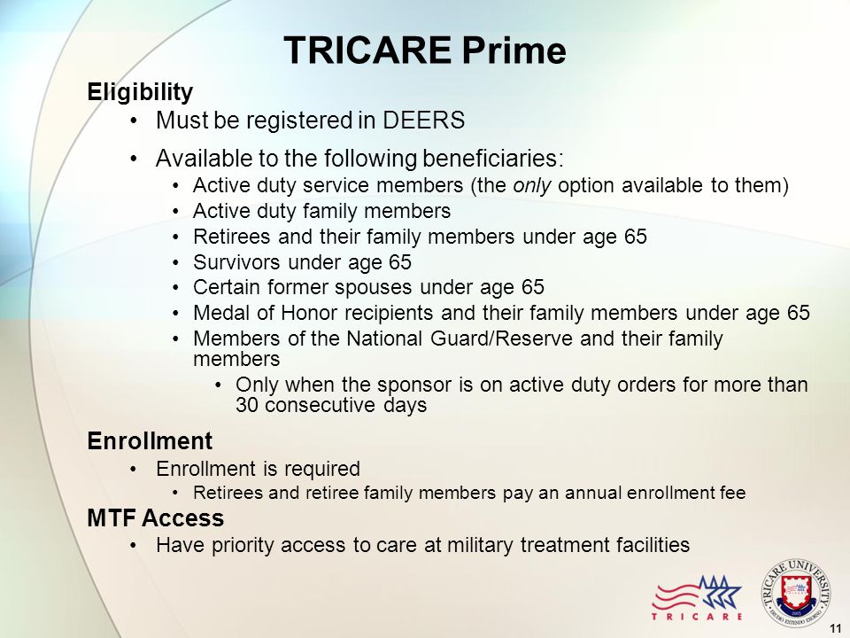 11 TRICARE Prime Eligibility Must be registered in DEERS Available to the following beneficiaries: Active duty service members (the only option available to them) Active duty family members Retirees and their family members under age 65 Survivors under age 65 Certain former spouses under age 65 Medal of Honor recipients and their family members under age 65 Members of the National Guard/Reserve and their family members Only when the sponsor is on active duty orders for more than 30 consecutive days Enrollment Enrollment is required Retirees and retiree family members pay an annual enrollment fee MTF Access Have priority access to care at military treatment facilities