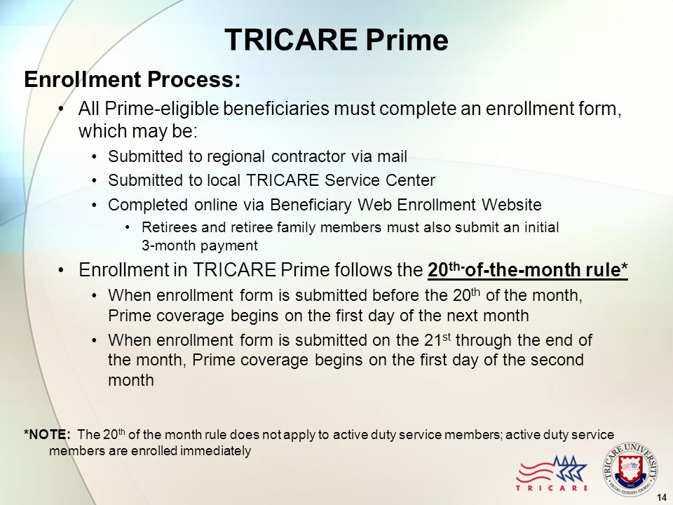 14 TRICARE Prime Enrollment Process: All Prime-eligible beneficiaries must complete an enrollment form, which may be: Submitted to regional contractor via mail Submitted to local TRICARE Service Center Completed online via Beneficiary Web Enrollment Website Retirees and retiree family members must also submit an initial 3-month payment Enrollment in TRICARE Prime follows the 20 th- of-the-month rule* When enrollment form is submitted before the 20 th of the month, Prime coverage begins on the first day of the next month When enrollment form is submitted on the 21 st through the end of the month, Prime coverage begins on the first day of the second month *NOTE: The 20 th of the month rule does not apply to active duty service members; active duty service members are enrolled immediately